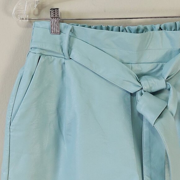 Luna Allegra High Waist Faux Leather Shorts Small Teal Blue Paperbag Tie Waist - Picture 3 of 11